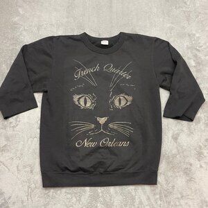 Vintage French Quarter Cat Sweatshirt Black Gold New Orleans 80s L 3/4 Sleeve